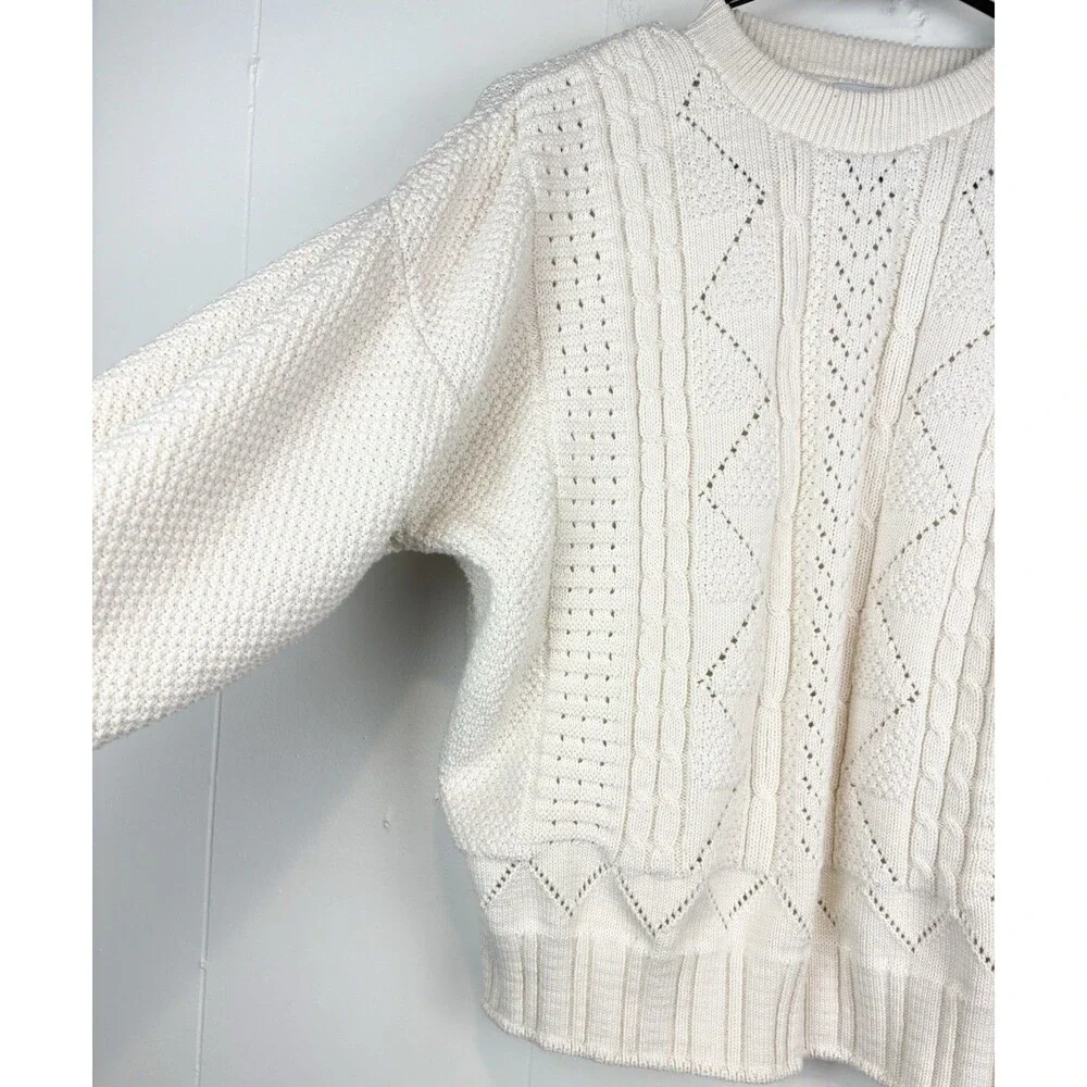 Womens L Vintage Sweater Knit Cream Cotton Grannycore 90s Mom Fisherman Crewneck - Picture 7 of 9